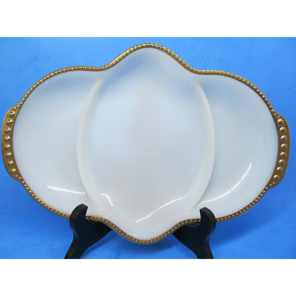 2 Anchor Hocking Fire King  Handled Milk Glass Divided plates